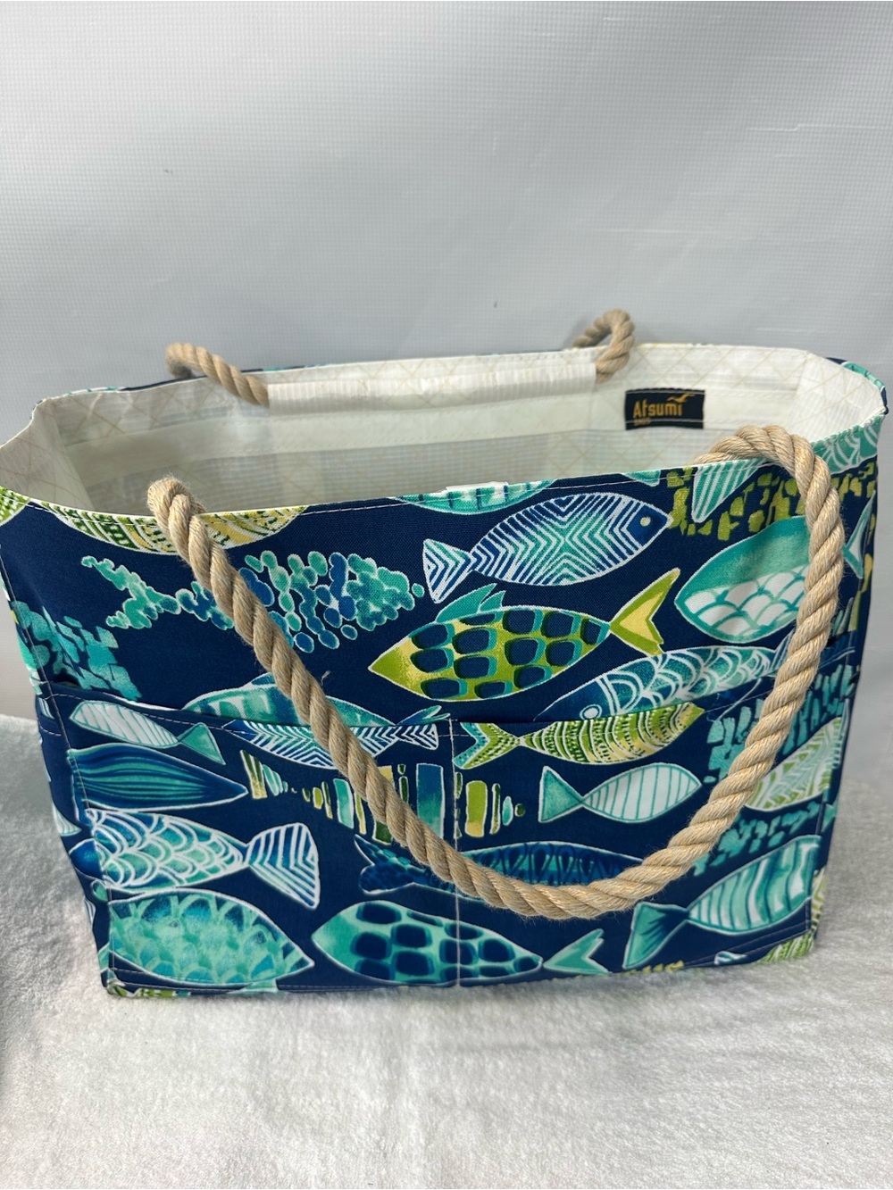 Navy & Teal Fish-Print Rope Handle Tote